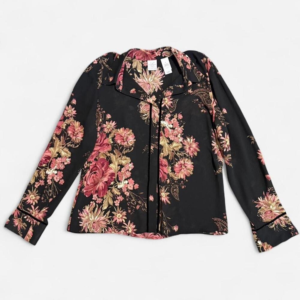 VTG Y2K Emma James Sheer Black Pink Floral Long Sleeve Button Up Dark Femme Top - Picture 6 of 8